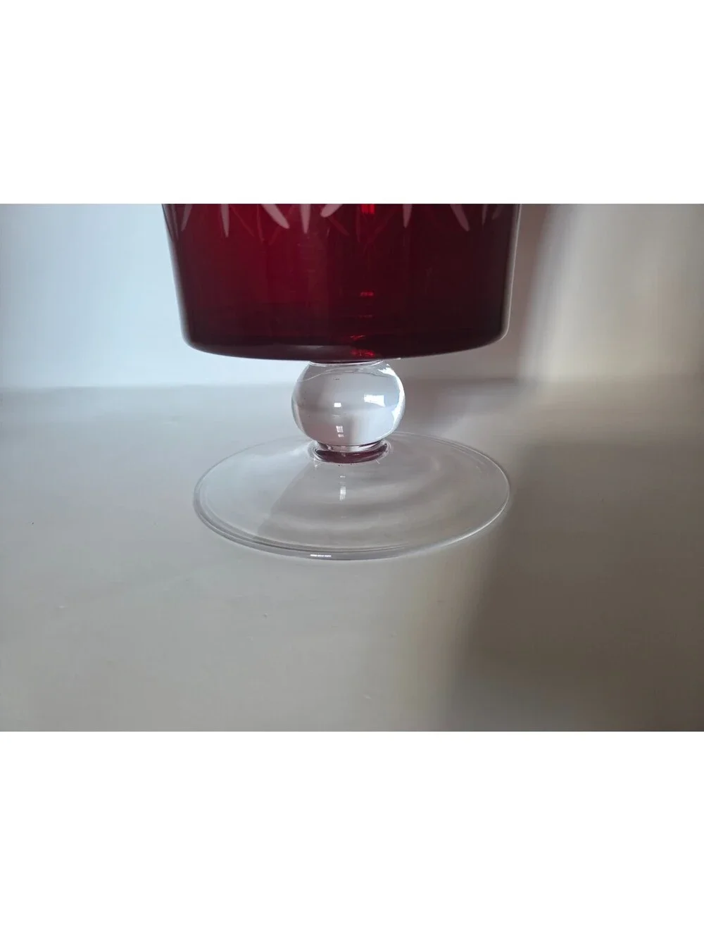 Red Cut-to-Clear Glass Vase with Etched Geometric Pattern and Clear Pedestal